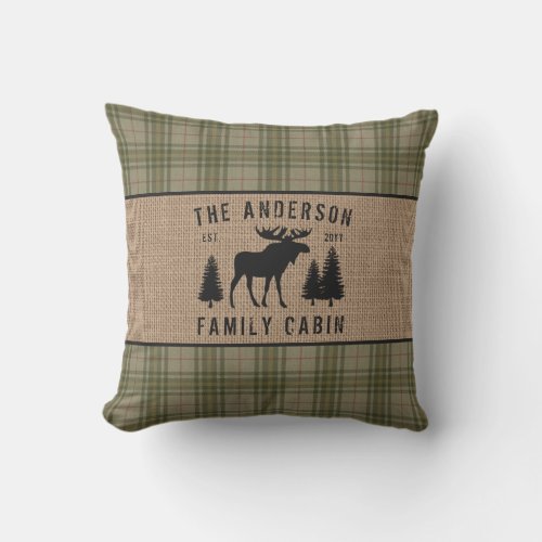Rustic Family Cabin Moose Pine Green Plaid Burlap Outdoor Pillow