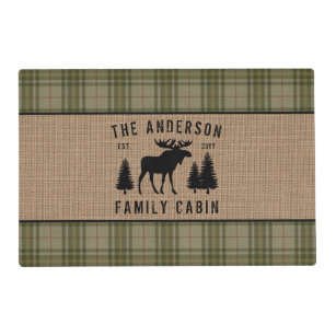 Rustic Family Cabin Moose Pine Green Plaid Burlap Placemat