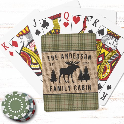 Rustic Family Cabin Moose Pine Green Plaid Burlap Playing Cards