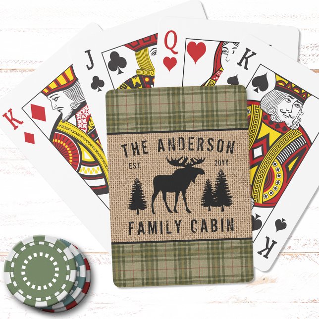 Rustic Family Cabin Moose Pine Green Plaid Burlap Poker Cards (Personalize with your Family Cabin, Cottage, Ranch or any desired text)
