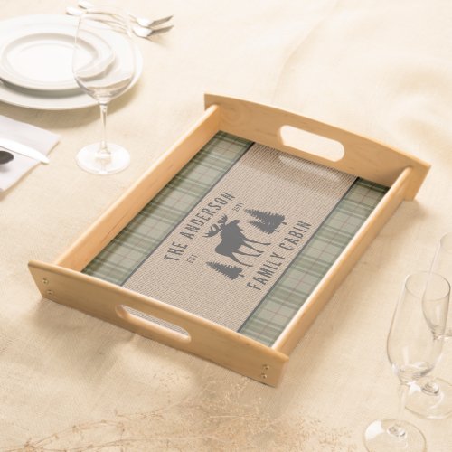 Rustic Family Cabin Moose Pine Green Plaid Burlap Serving Tray