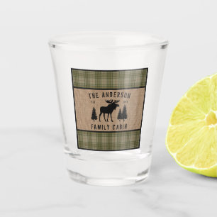 Rustic Family Cabin Moose Pine Green Plaid Burlap Shot Glass