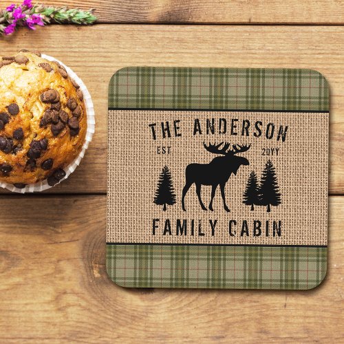 Rustic Family Cabin Moose Pine Green Plaid Burlap Square Paper Coaster
