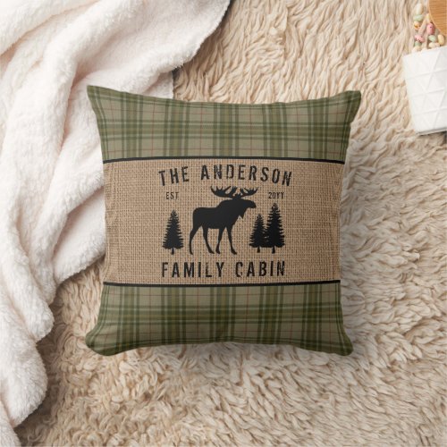 Rustic Family Cabin Moose Pine Green Plaid Burlap Throw Pillow