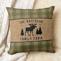 Rustic Family Cabin Moose Pine Green Plaid Burlap