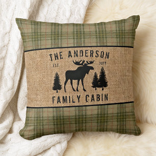 Rustic Family Cabin Moose Pine Green Plaid Burlap Throw Pillow