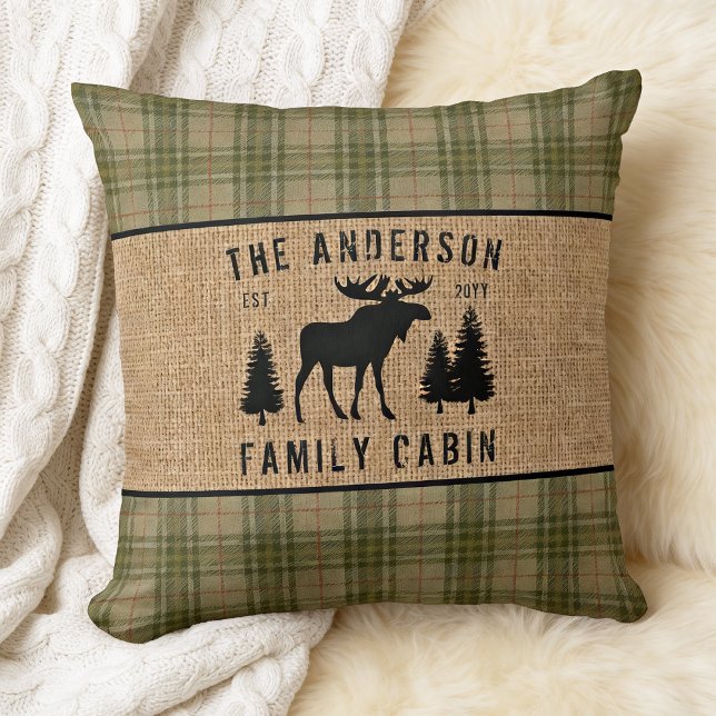 Rustic Family Cabin Moose Pine Green Plaid Burlap Throw Pillow (Creator Uploaded)