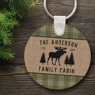 Rustic Family Cabin Moose Pine Green Plaid Round K Keychain