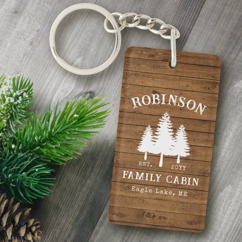 Rustic Family Cabin Pine Trees Wood Plank 2 Sided Keychain
