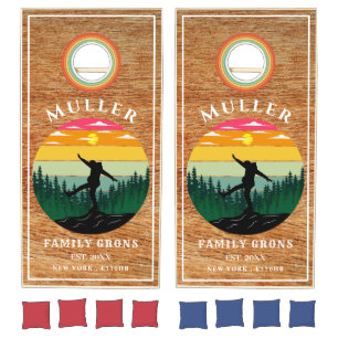 Rustic Family Cabin Retro Vintage Name Wood Cornhole Set