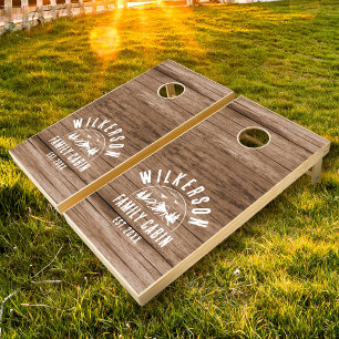 Rustic Family Cabin Retro Vintage Name Wood Cornhole Set