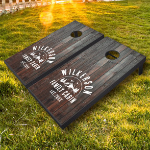 Rustic Family Cabin Retro Vintage Name Wood Cornhole Set