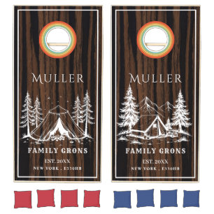 Rustic Family Cabin Retro Vintage Name Wood Cornhole Set