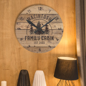 Rustic Family Cabin Wood Personalized Round Round Clock