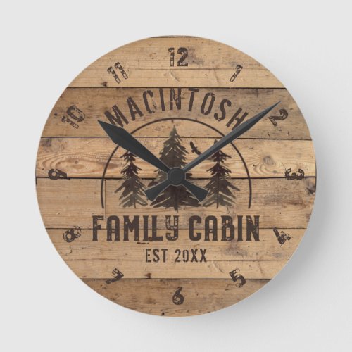 Rustic Family Cabin Wood Personalized Round Round Clock