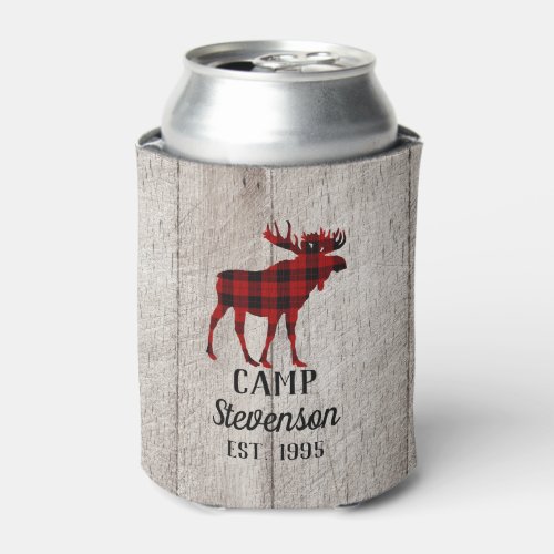 Rustic Family Camp Wood and Buffalo Plaid Moose Can Cooler
