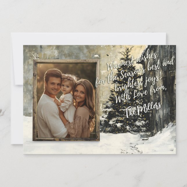 Rustic Family Christmas Card with Snowy Tree  (Front)