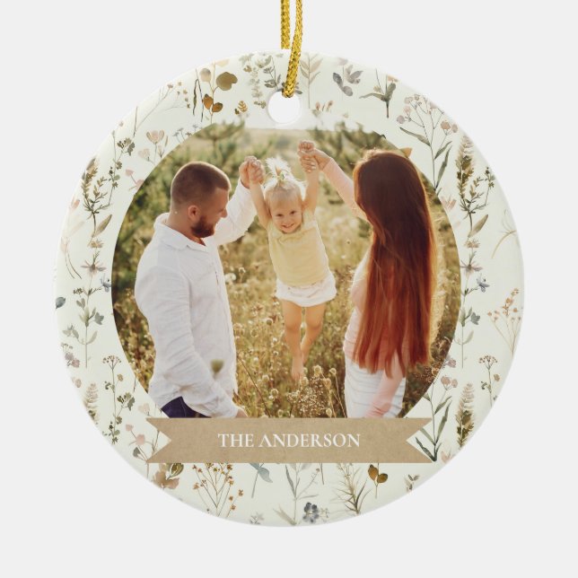 Rustic Family Christmas Photo Collage Ceramic Ornament (Front)