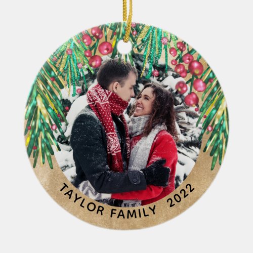 Rustic Family Christmas Picture Ceramic Ornament