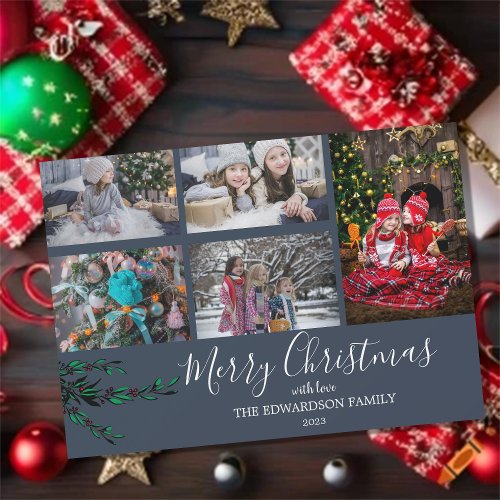 Rustic family collage Christmas blue magnetic card