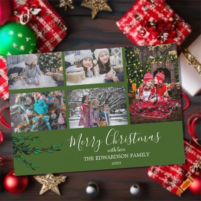 Rustic family collage Christmas magnetic card (Rustic, family photo collage, Merry Christmas, magnetic Christmas card. )