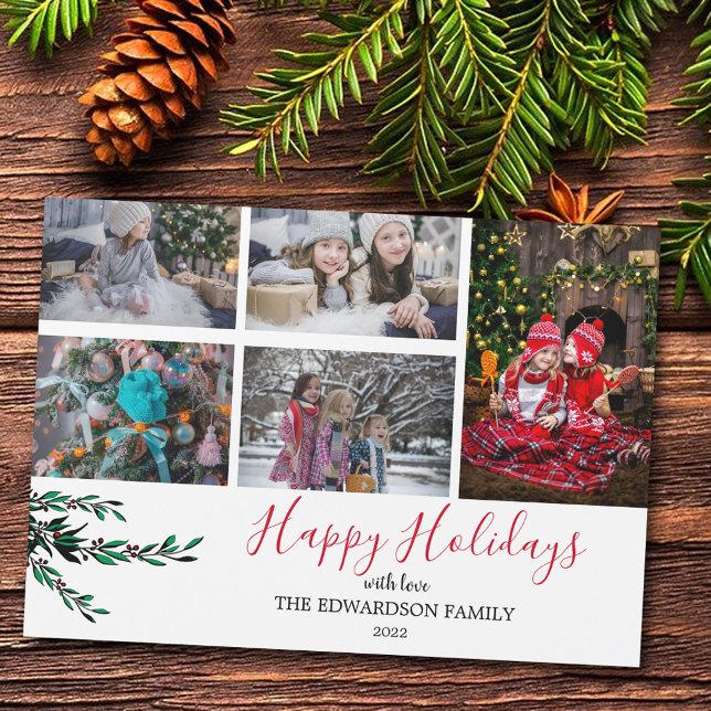 Rustic family collage Happy holidays magnetic card (Happy holidays, personalized family photo collage magnetic Christmas card.)