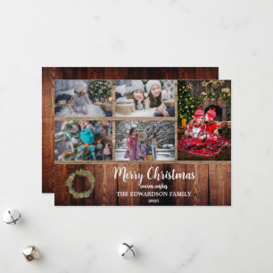 Rustic family collage on barn wood Merry Christmas Holiday Card