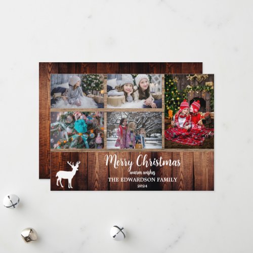 Rustic family collage on barn wood Merry Christmas Holiday Card