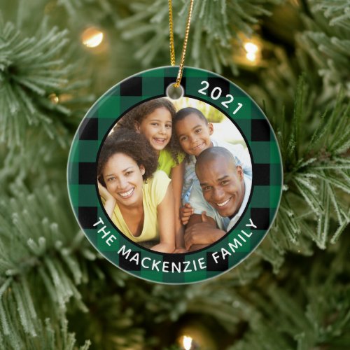 Rustic FAMILY IS LOVE Green Black Plaid 2 Photo Ceramic Ornament