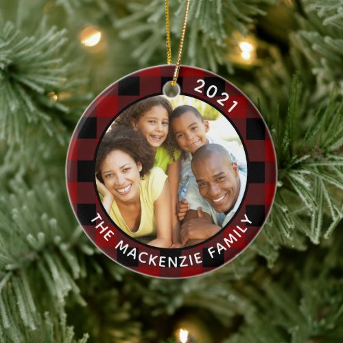 Rustic FAMILY IS LOVE Red Black Plaid 2 Photo Ceramic Ornament