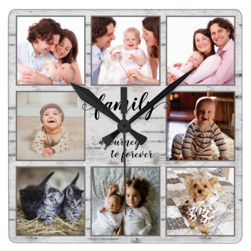 Rustic Family Journey to Forever Photo Collage Square Wall Clock