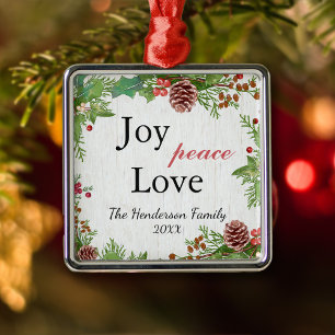 Rustic Family Joy Peace Love Christmas Metal Ornament