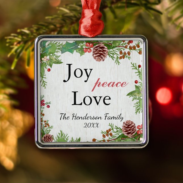 Rustic Family Joy Peace Love Christmas Metal Ornament (Creator Uploaded)
