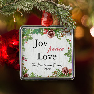 Rustic Family Joy Peace Love Christmas Metal Ornament