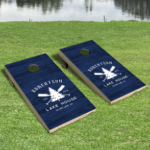 Rustic Family Lake House Fir Tree Navy Blue Wood Cornhole Set