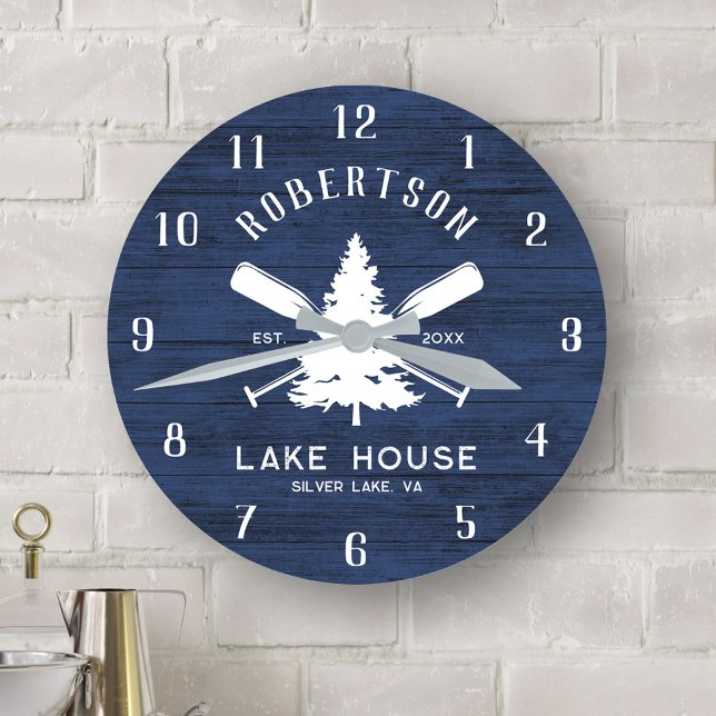 Rustic Family Lake House Fir Tree Navy Blue Wood Round Clock (Creator Uploaded)