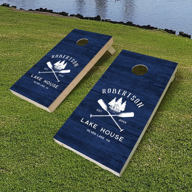 Rustic Family Lake House Navy Blue Wood Cornhole Set (Creator Uploaded)