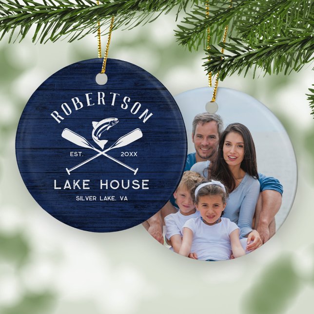 Rustic Family Lake House Navy Blue Wood Photo Ceramic Ornament (Creator Uploaded)