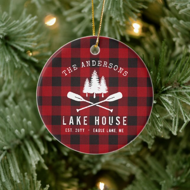 Rustic Family Lake house Trees Red Buffalo Plaid Ceramic Ornament (Tree)