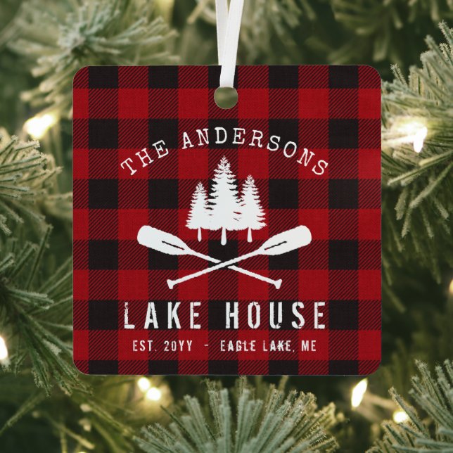 Rustic Family Lake house Trees Red Buffalo Plaid Metal Ornament (Insitu)