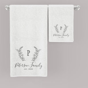 Rustic family monogram and name personalized white bath towel set