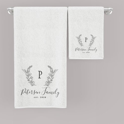 Rustic family monogram and name personalized white bath towel set