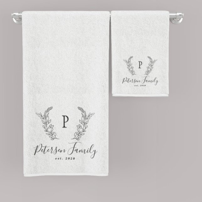 Rustic family monogram and name personalized white bath towel set (Creator Uploaded)