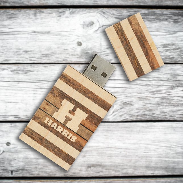 Rustic Family Monogram Custom stripped Wood Flash Drive (Creator Uploaded)