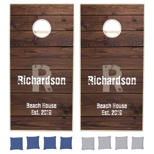 Rustic Family Monogram Dark Wood Beach House Cornhole Set