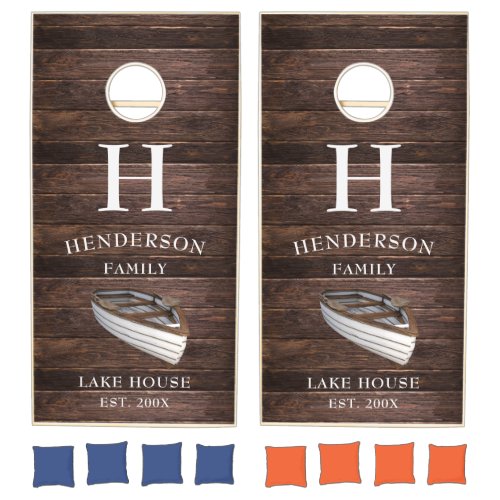 Rustic Family Monogram Dark Wood Lake House Cornhole Set