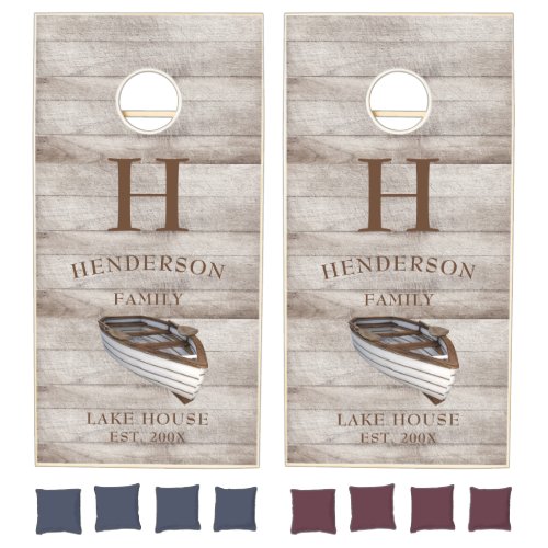 Rustic Family Monogram Gray Wood Lake House Cornhole Set