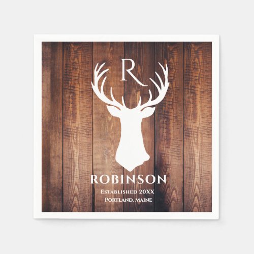 Rustic Family Monogram Name Wood Deer Antler Napkins