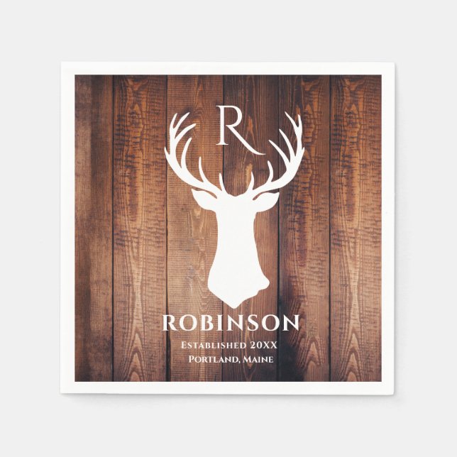 Rustic Family Monogram Name Wood Deer Antler Napkins (Front)
