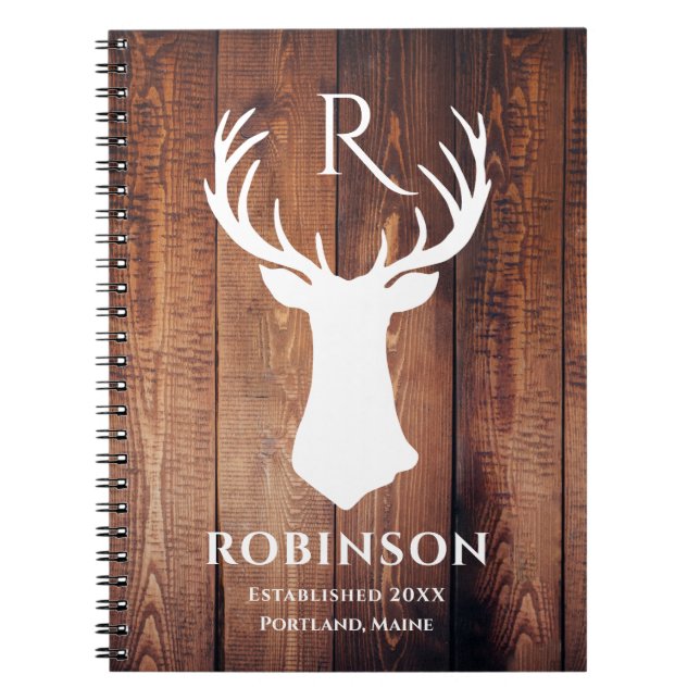 Rustic Family Monogram Name Wood Deer Antler Notebook (Front)